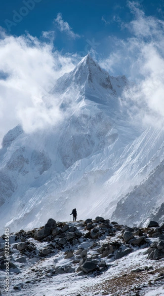 Fototapeta Awe inspiring view of lone hiker standing in solitude before majestic snow covered mountain peak. An extreme adventure in vast high altitude winter landscape