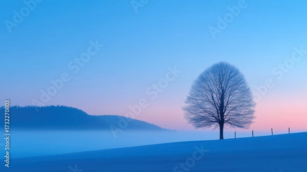 Obraz Light and Shadow, Silhouette of a tree against a foggy morning backdrop, conveying a serene and tranquil atmosphere.