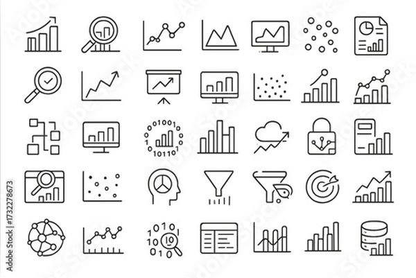 Fototapeta Data analysis icon set. Analytics, research, big data. Chart graph report. Statistics growth diagram. Funnel, database, flowchart, cloud computing. Thin line vector symbols.