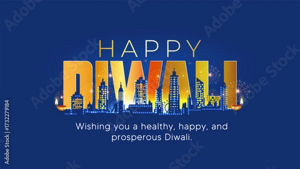 Fototapeta Happy diwali poster background with modern building, city skyline decorated with diwali lights.