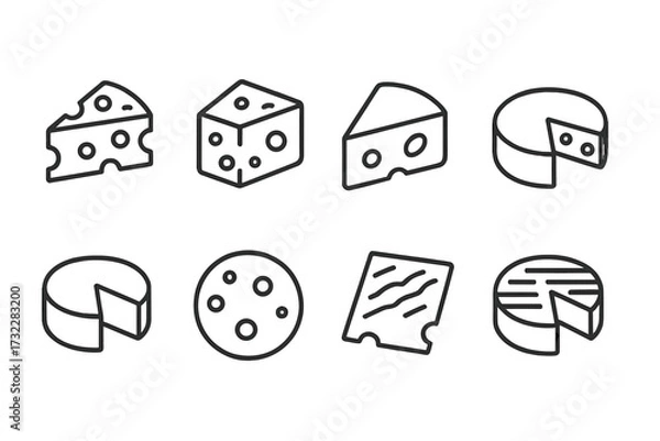 Obraz Cheese line icon set. Minimalistic linear pictograms for web and graphic design. Collection of cheese types like swiss, parmesan, cheddar, gouda. Dairy food vector symbols.