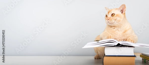 Fototapeta Burmese cat reading book at table - smart pet with books against blue wall with copy space