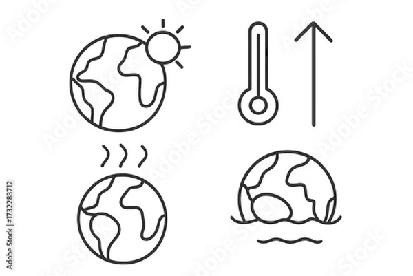 Obraz Global warming icon set. Climate change signs. Temperature rise. Sea level rise. Greenhouse gas effect. Ecology disaster. Planet earth heat. Environmental problem outline icons.