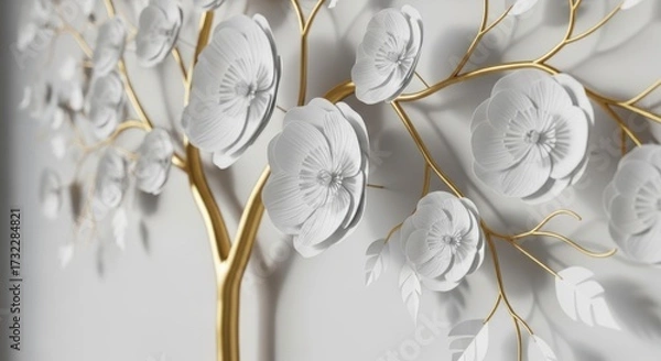 Obraz Closeup of a decorative tree with white floral blossoms and golden branches, symbolizing nature and elegance