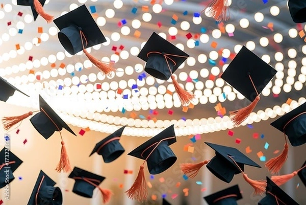 Fototapeta Gradution Cap with Confetti Background, Graduation Day Concept Flying graduation caps on the air with golden confetti for graduates colleges party