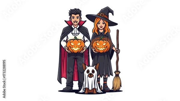 Fototapeta Halloween Family Portrait: Embrace the spooktacular charm with this illustration of a vampire, witch, and ghost dog holding jack-o'-lanterns, ready to celebrate.