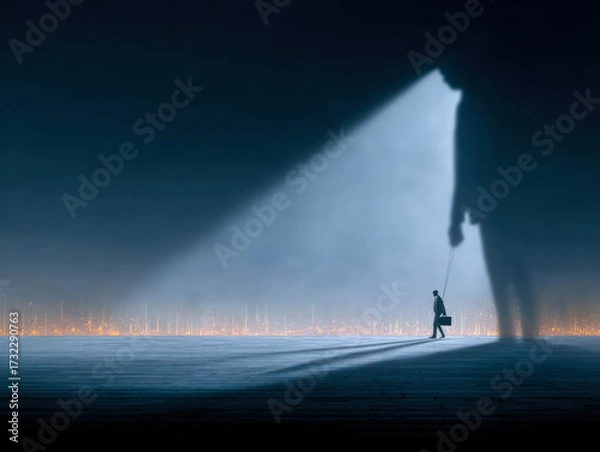 Fototapeta Lone figure walking under a spotlight casting a giant shadow on a surreal landscape, symbolizing fear, introspection, and inner struggle.
