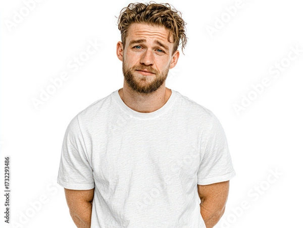 Fototapeta Casual young man in a plain white t-shirt stands with a slight smirk and relaxed posture, expressing a mix of doubt and curiosity.
