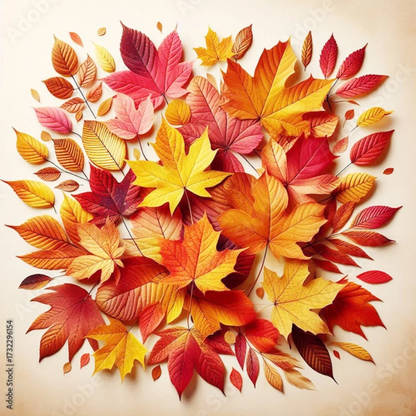 Fototapeta Vibrant autumn leaves arrangement in golden, crimson, and orange hues