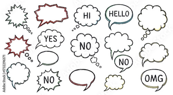 Obraz Crayon speech bubble vector set - hand drawn doodle chat balloon shapes, think cloud sketches. Distressed outline callout frames for message, quote, dialog text. Comic book conversation element. 