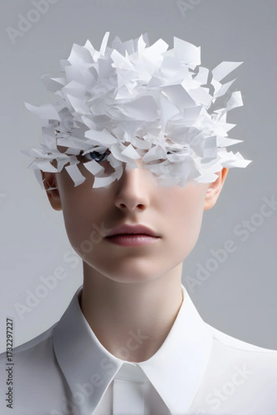 Fototapeta Conceptual Female Portrait with Face Covered by Scattered White Paper Pieces Representing Confusion, Identity, Creativity, Stress, and Data Overload