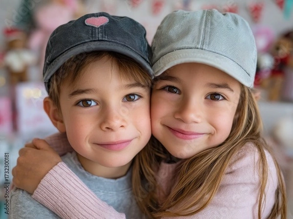 Fototapeta a happy boy and girl hugging, wearing a pastel pink hat, a grey sweater with white polka dots, and blue jeans, smiling at the camera