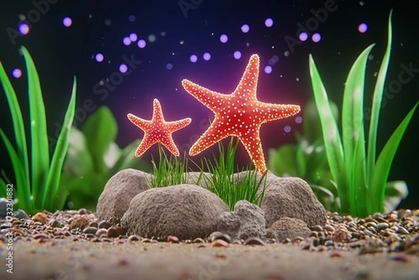 Obraz Luminous Red Starfish in Underwater Grotto