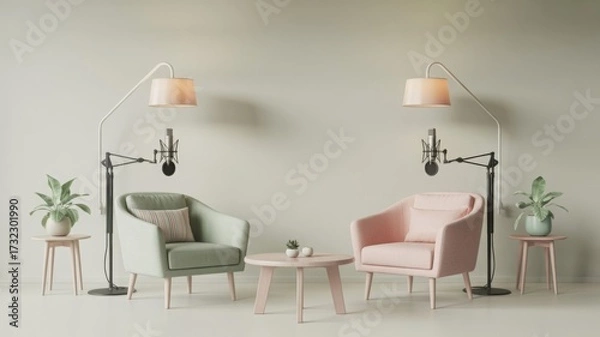 Fototapeta Professional Nordic-style podcast studio setup with two armchairs, microphones, floor lamps, and a small table.