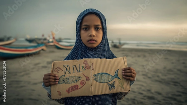 Fototapeta A young girl in a hijab holds a cardboard drawing of fish at a beach with fishing boats in the background, conveying a message of hope or aspiration.