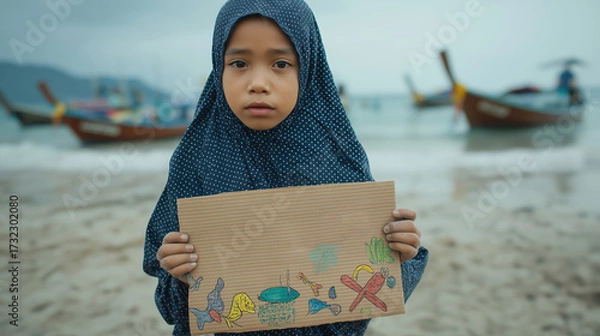 Fototapeta A young child in a blue hijab holds a cardboard sign with colorful drawings, standing on a beach with boats in the background.