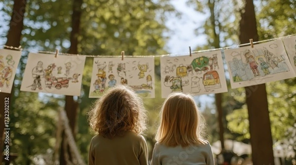 Fototapeta Two children admire colorful drawings hanging in a forest setting, surrounded by trees and natural light, showcasing creativity and playfulness.