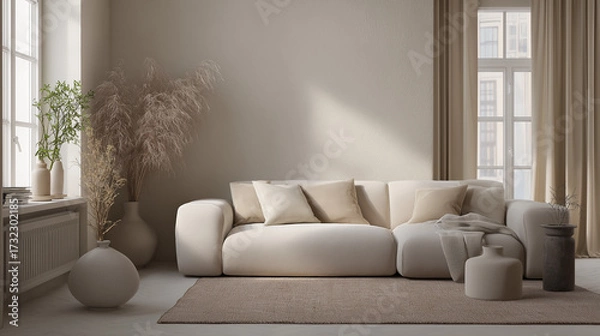 Fototapeta scandinavian. Minimalist Scandinavian interior with clean lines and neutral tones and natural ambient light. lifestyle magazines.