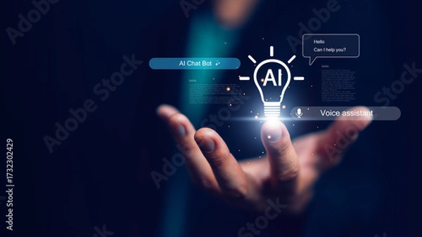 Fototapeta Futuristic concept of AI chatbot and voice assistant with glowing virtual icons above a hand, symbolizing artificial intelligence, innovation and smart digital communication technology.