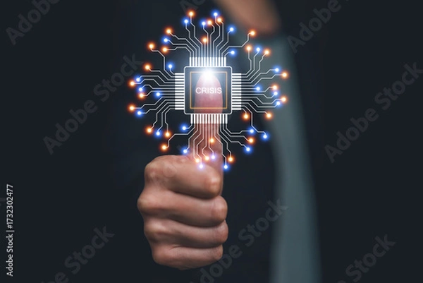 Fototapeta Close-up of a hand pressing a glowing virtual microchip labeled CRISIS, symbolizing technology failure, cyber risk, digital security issues and challenges in artificial intelligence systems.