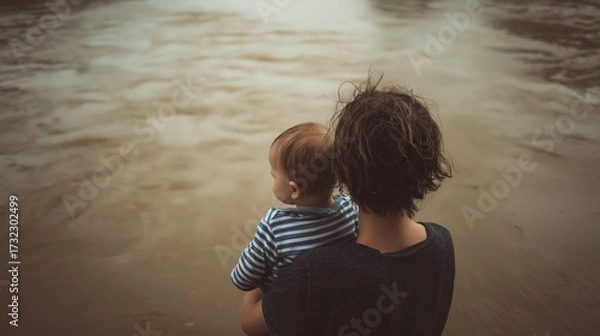 Fototapeta A person holds a child while gazing at a calm river, capturing a moment of connection and contemplation in a serene environment.