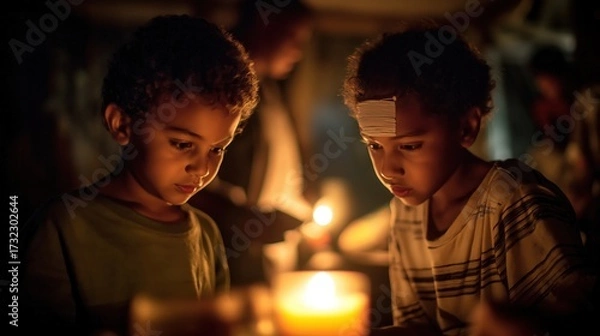 Fototapeta Two boys focus intently on a candle's light in a dimly lit space, reflecting curiosity and contemplation.