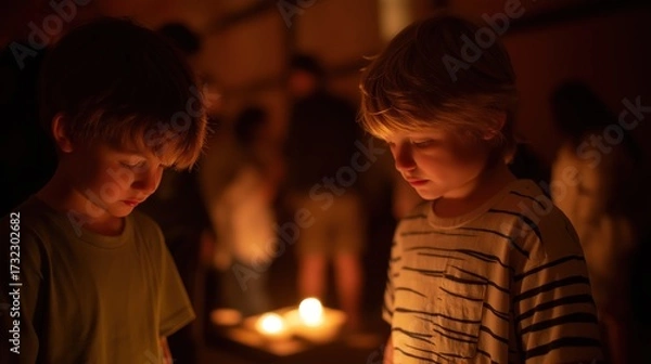 Fototapeta Two children appear contemplative in a dimly lit setting, focusing on a candle's glow amidst a gathering of people.