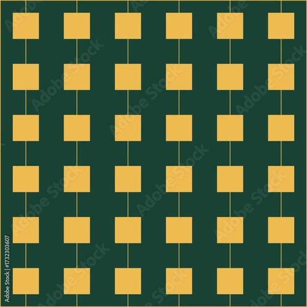 Fototapeta Small gold square shaped decorations hanging on thin gold threads, against a dark green background