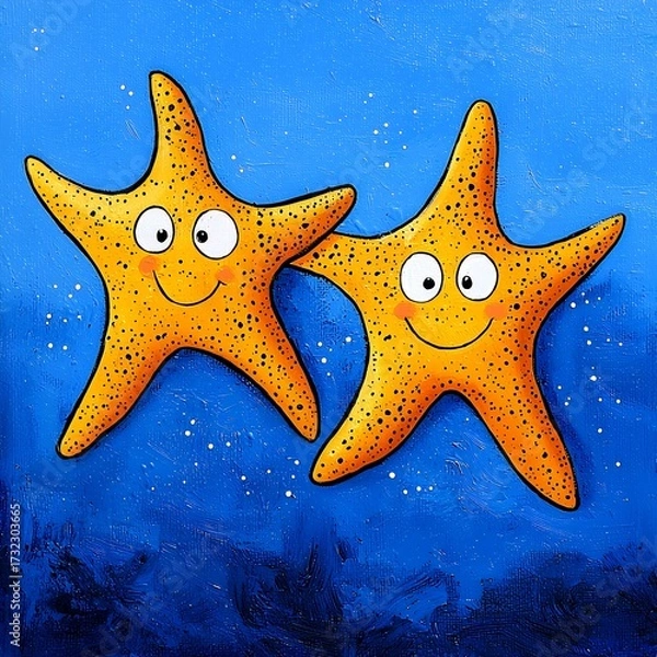 Obraz Playful Orange Starfish Duo on Textured Blue Background