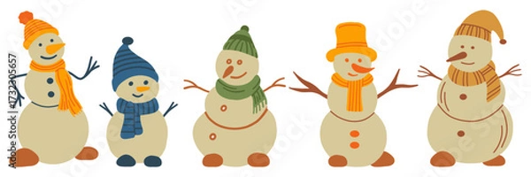 Fototapeta Set of cute Christmas snowmen in hats and scarves. Collection of funny characters. Isolated flat vector illustration. 