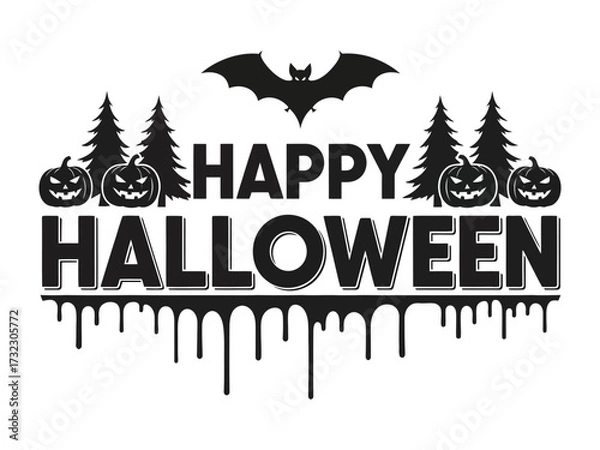 Fototapeta Happy Halloween: A captivating Halloween-themed image, featuring a haunting bat, spooky pumpkins, eerie trees and a dripping effect, all set against a striking background.