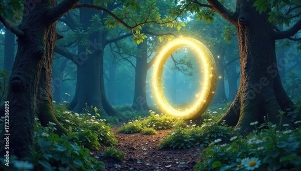 Fototapeta Mystical fairy ring in enchanted forest, glowing with ethereal light, ancient trees, spiritual energy, nature worship , nymph, calm