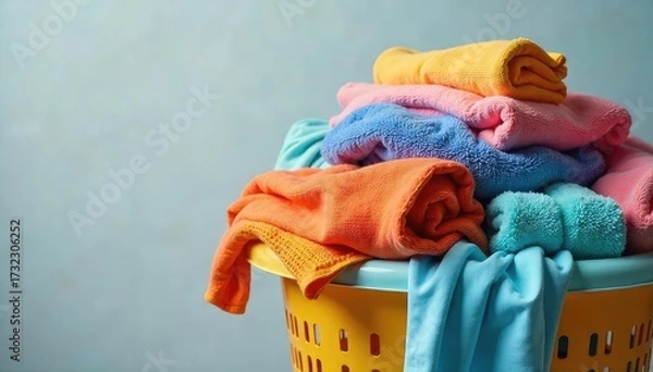 Fototapeta Overstuffed laundry basket overflowing with colorful clothes, towels, and linens Ready for washing or folding Perfect for home organization and cleaning themes , pile, abundance