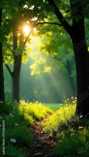 Fototapeta Relaxing summer day, sunbeams filtering through leaves casting dappled shade on the ground Warm, inviting, peaceful nature scene perfect for relaxation and wellness themes , relaxing, trees, plant