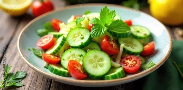 Fototapeta Vibrant Summer Cucumber Salad  Crisp Cucumbers, Juicy Tomatoes, Fresh Herbs, and a Light Lemon Vinaigrette ? Perfect for a Healthy Summer Meal or Side Dish.