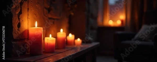 Fototapeta Romantic ambiance created by flickering candlelight illuminating a dark room, casting warm, inviting shadows on the walls Perfect for relaxation, meditation, or a cozy evening , room, close-up