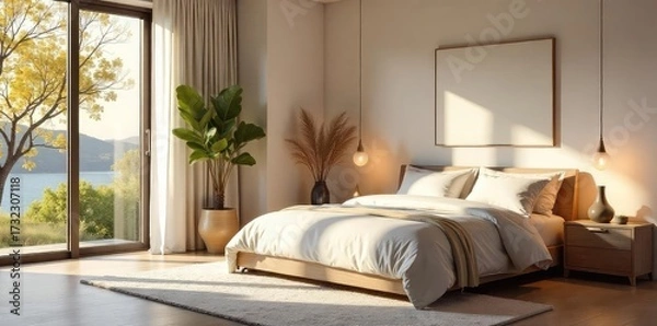Fototapeta Serene bedroom designed for relaxation and rejuvenation, featuring calming colors, natural light, and comfortable furnishings ideal for a peaceful night's sleep , plants, fresh
