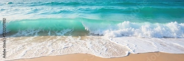 Fototapeta Serene ocean waves rolling onto a sandy shore, creating a mesmerizing pattern of whitecaps and foam Perfect for travel, nature, and relaxation themes , water, calm, landscape