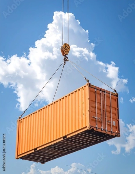 Fototapeta Cargo container lifted by crane against a partly cloudy sky