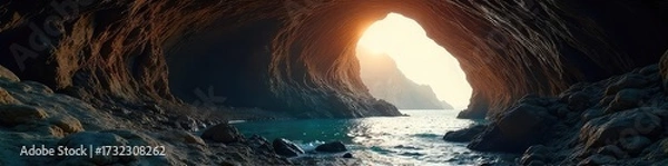 Fototapeta Serene underground cave opening, bathed in soft light, inviting contemplation and inner peace Perfect for themes of mindfulness, spirituality, and escape , entrance, meditation
