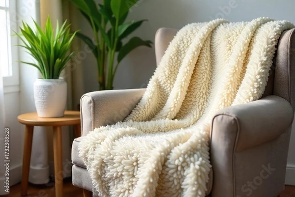 Fototapeta Soft, plush blanket draped over a cozy armchair, radiating warmth and comfort, inviting relaxation and gentle serenity , home decor, comfortable, fibers