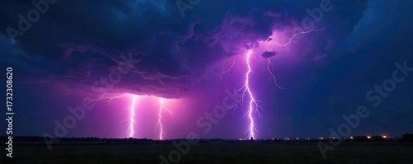 Fototapeta Spectacular display of cloud-to-ground lightning striking during a powerful thunderstorm at night The bright flash illuminates the dark landscape dramatically , night, storm