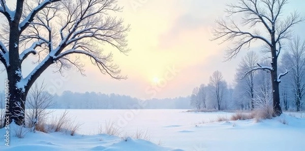 Fototapeta Stark, snow-covered branches reach towards a pale winter sky, revealing a desolate yet beautiful landscape Frozen ground, leafless trees, cold, winter stillness , desolate, snow