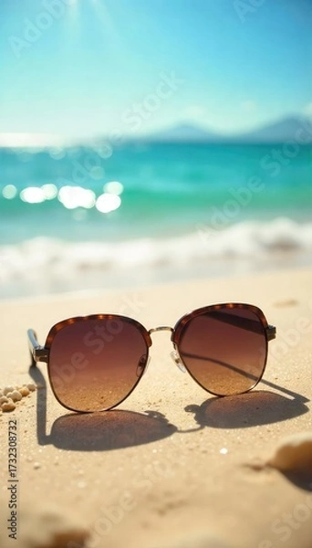 Fototapeta Stylish sunglasses resting on a sandy beach, offering shade from the bright sun Perfect for summer vacation themes, travel, and relaxation imagery , sunglasses, bright, shade