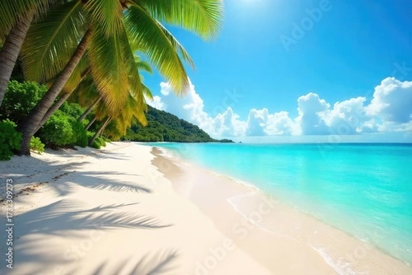 Fototapeta Sun-kissed sand, turquoise water gently lapping the shore, creating a mesmerizing, idyllic beach scene perfect for relaxation and escape The ultimate seductive escape , sky, warm