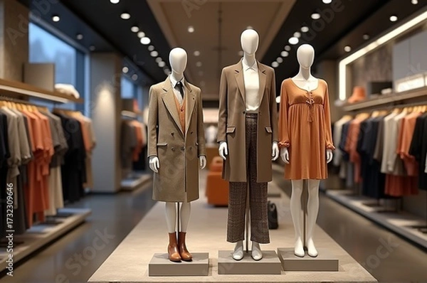 Fototapeta Fashionable mannequins stand prominently in a sleek retail space, showcasing a range of stylish outfits and accessories, highlighting current trends in apparel