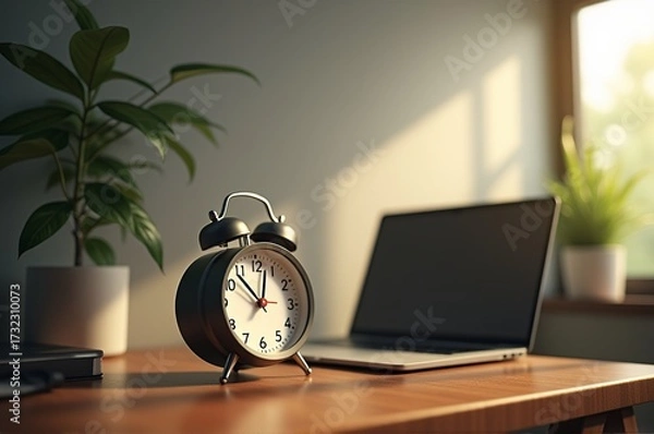 Fototapeta Soft morning light fills a cozy workspace where a black alarm clock sits beside a laptop
