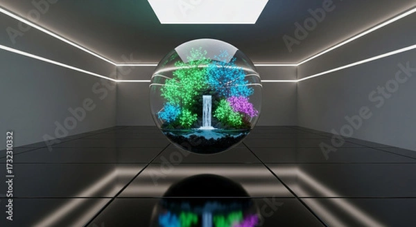 Fototapeta Sci-Fi Inspired Orb Garden Render with Glowing Plants and Reflective Dark Floor
