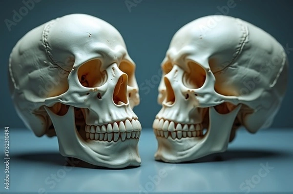 Fototapeta Two realistic human skulls face each other, showcasing the fine details of their structure. Soft lighting highlights their features, creating an intriguing atmosphere for study
