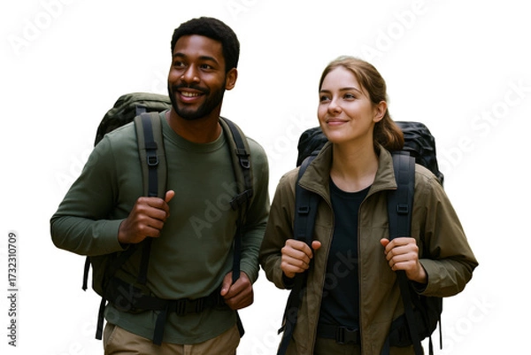 Fototapeta Two people hiking, isolated style, white background, concept of adventure and travel, clean design element for creative layout. Ai generative